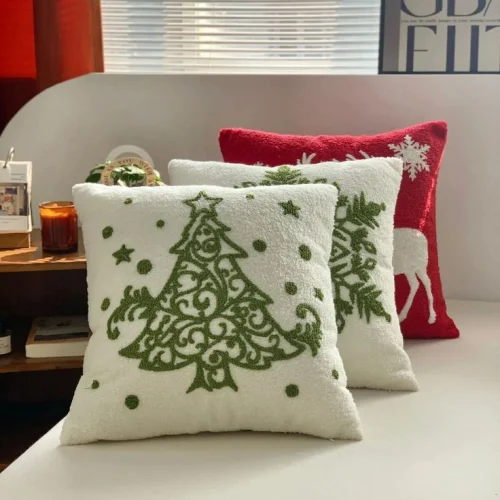 Green Christmas Tree Embroidered Cushion Cover