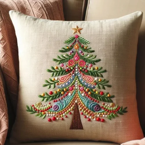 Handmade Christmas Tree Embroidered Cotton Cushion Cover  