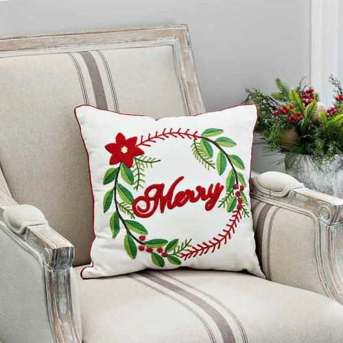 Red Merry Christmas Embroidered Cushion Cover