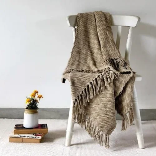Beige Handwoven Cotton Throw Blanket  