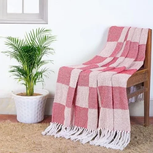 Pink Checked Cotton Throw Blanket  