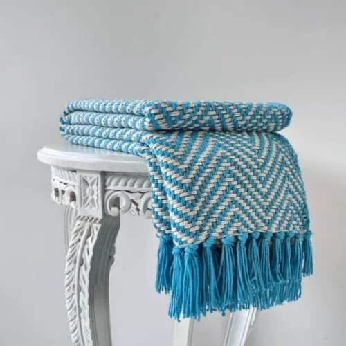 Sky Blue Handwoven Cotton Throw Blanket  