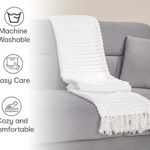 White Cotton Striped Throw Blanke  