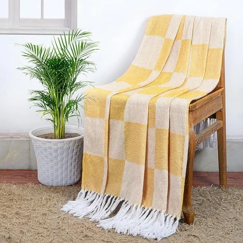 Yellow Checked Cotton Throw Blanket  